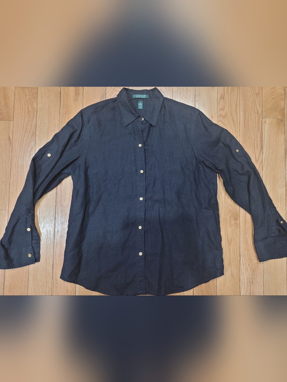 Lauren Ralph Lauren Black 100% Linen Roll-Tab Long Sleeve Button Down Shirt L